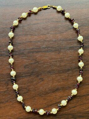 Vintage YR Faux Pearl and Garnet Chip Necklace